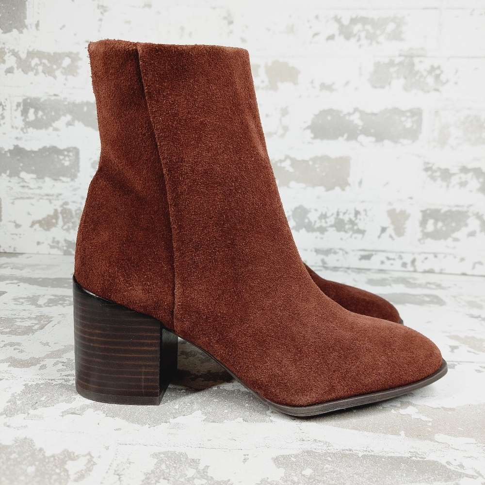 New Nordstrom Novanna Brown Suede Square Toe Block Heel Booties X207 - Picture 4 of 11